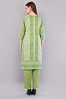 Cotton Salwar Kameez Suit Set, Green Printed, 3-Piece with Floral Dupatta