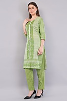 Cotton Salwar Kameez Suit Set, Green Printed, 3-Piece with Floral Dupatta