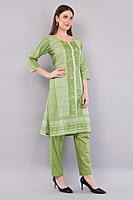 Cotton Salwar Kameez Suit Set, Green Printed, 3-Piece with Floral Dupatta