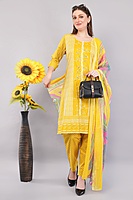 Cotton Salwar Suit with Floral Dupatta, Yellow Printed Dress Set, Traditional Indian Ethnic Wear