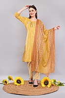 Traditional Cotton Salwar Kameez with Dupatta, Yellow Printed, 3-Piece Ethnic Set