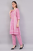 Cotton Salwar Kameez Set, Pink Printed Kurta with Polka Dot Pants and Multicolour Dupatta, 3-Piece