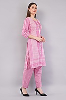 Cotton Salwar Kameez Set, Pink Printed Kurta with Polka Dot Pants and Multicolour Dupatta, 3-Piece