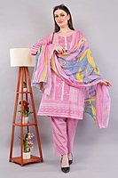 Cotton Salwar Kameez Set, Pink Printed Kurta with Polka Dot Pants and Multicolour Dupatta, 3-Piece