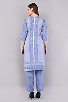 Cotton Salwar Suit Set with Printed Dupatta, Blue Striped Kurta with Polka Dot Pants