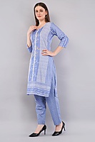 Cotton Salwar Suit Set with Printed Dupatta, Blue Striped Kurta with Polka Dot Pants