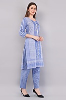 Cotton Salwar Suit Set with Printed Dupatta, Blue Striped Kurta with Polka Dot Pants