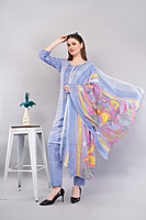 Cotton Salwar Suit Set with Printed Dupatta, Blue Striped Kurta with Polka Dot Pants