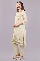 Women's Cream Cotton Salwar Suit Set with Embroidered Kurta, Pants and Dupatta, 3/4 Sleeve