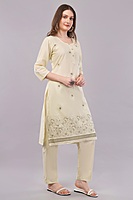 Women's Cream Cotton Salwar Suit Set with Embroidered Kurta, Pants and Dupatta, 3/4 Sleeve