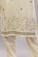 Women's Cream Cotton Salwar Suit Set with Embroidered Kurta, Pants and Dupatta, 3/4 Sleeve