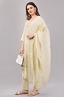Women's Cream Cotton Salwar Suit Set with Embroidered Kurta, Pants and Dupatta, 3/4 Sleeve