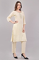 Cotton Salwar Suit Set with Embroidered Details, 3/4 Sleeves, Cream Colour, Dupatta Included