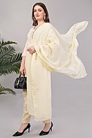 Cotton Salwar Suit Set with Embroidered Details, 3/4 Sleeves, Cream Colour, Dupatta Included