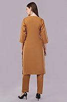 Women's Caramel Brown Embroidered Salwar Suit Set with Dupatta, 3/4 Sleeve, Black Border Trim
