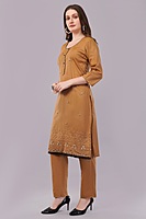 Women's Caramel Brown Embroidered Salwar Suit Set with Dupatta, 3/4 Sleeve, Black Border Trim