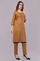 Women's Caramel Brown Embroidered Salwar Suit Set with Dupatta, 3/4 Sleeve, Black Border Trim