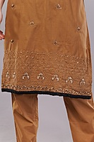 Women's Caramel Brown Embroidered Salwar Suit Set with Dupatta, 3/4 Sleeve, Black Border Trim