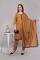 Women's Caramel Brown Embroidered Salwar Suit Set with Dupatta, 3/4 Sleeve, Black Border Trim