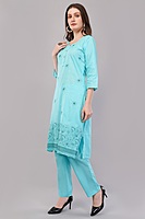 Women's Turquoise Embroidered Cotton Salwar Suit Set with Dupatta, 3-Piece Traditional Dress