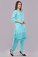 Women's Turquoise Embroidered Cotton Salwar Suit Set with Dupatta, 3-Piece Traditional Dress