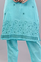Women's Turquoise Embroidered Cotton Salwar Suit Set with Dupatta, 3-Piece Traditional Dress