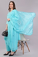 Women's Turquoise Embroidered Cotton Salwar Suit Set with Dupatta, 3-Piece Traditional Dress