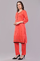 Traditional Coral Red Embroidered Salwar Suit Set with Dupatta, Black Lace Border, 3/4 Sleeve