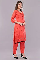 Traditional Coral Red Embroidered Salwar Suit Set with Dupatta, Black Lace Border, 3/4 Sleeve
