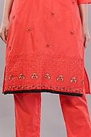 Traditional Coral Red Embroidered Salwar Suit Set with Dupatta, Black Lace Border, 3/4 Sleeve