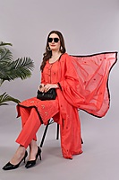 Traditional Coral Red Embroidered Salwar Suit Set with Dupatta, Black Lace Border, 3/4 Sleeve