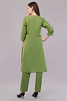 Women's Cotton Salwar Suit Set, Green Embroidered, 3-Piece with Dupatta and Black Lace Trim