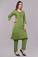 Women's Cotton Salwar Suit Set, Green Embroidered, 3-Piece with Dupatta and Black Lace Trim