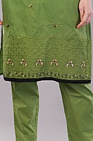 Women's Cotton Salwar Suit Set, Green Embroidered, 3-Piece with Dupatta and Black Lace Trim