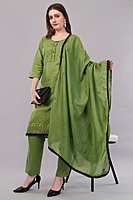 Women's Cotton Salwar Suit Set, Green Embroidered, 3-Piece with Dupatta and Black Lace Trim