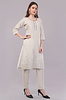 Women's Cotton Embroidered Salwar Suit Set with Dupatta, 3/4 Sleeve, Off-White
