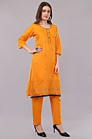 Cotton Salwar Suit with Dupatta, Orange, Embroidered, 3/4 Sleeve