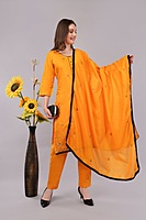 Cotton Salwar Suit with Dupatta, Orange, Embroidered, 3/4 Sleeve
