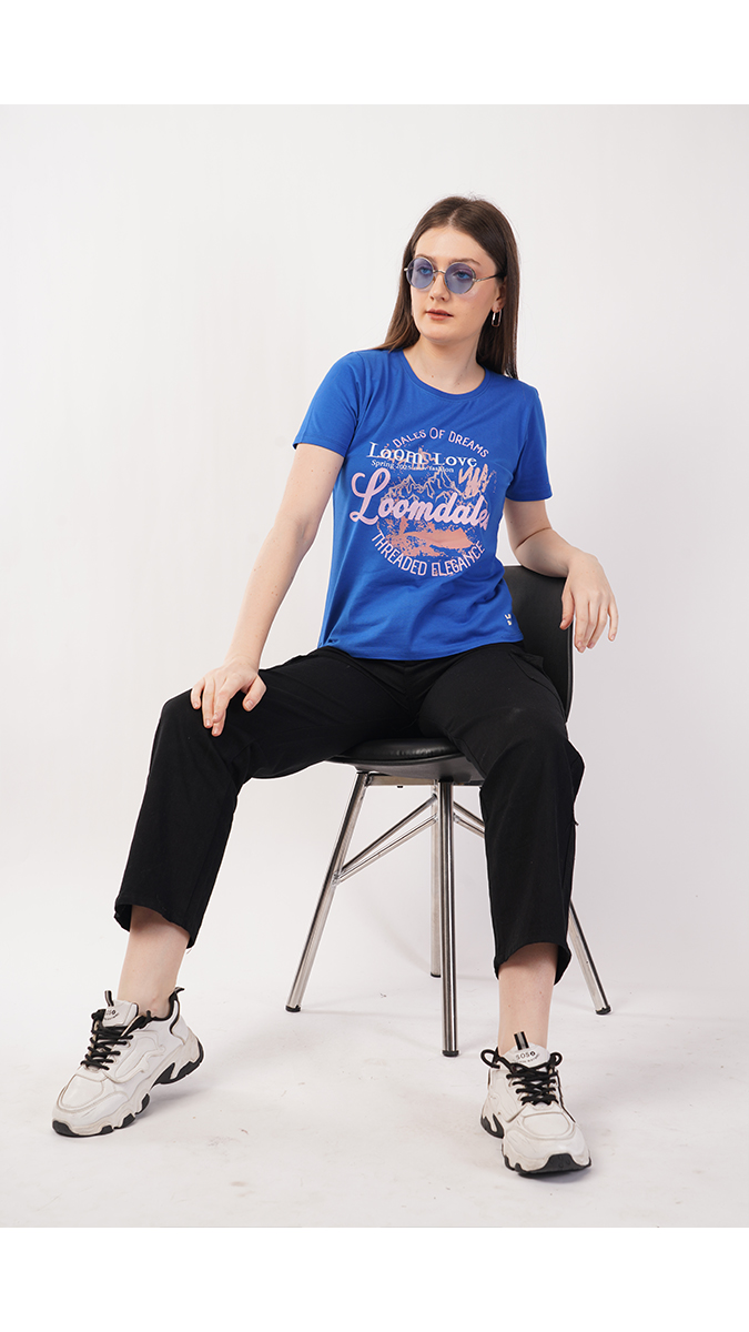 Women's Round Neck Printed T-Shirt - Royal Blue | Single Jersey 180 GSM | Sizes S, M, L