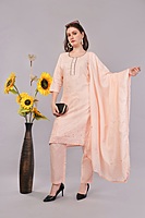 Peach Embroidered Cotton Salwar Suit Set, 3-Piece Traditional Dress with Dupatta