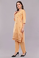 Women's Peach Embroidered Cotton Salwar Suit Set with Dupatta, Long Sleeves, 3 Piece Traditional Dress