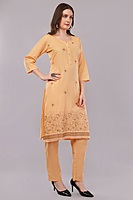 Women's Peach Embroidered Cotton Salwar Suit Set with Dupatta, Long Sleeves, 3 Piece Traditional Dress