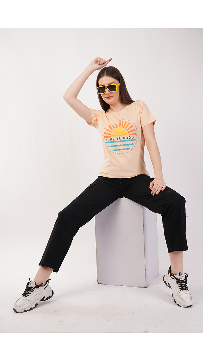 Women's Round Neck Printed T-Shirt - Ivory | Lycra 180 GSM | Sizes S, M, L