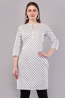 Cotton Printed Kurti, 3/4 Sleeve, White with Geometric Pattern, Mandarin Collar