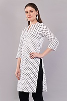 Cotton Printed Kurti, 3/4 Sleeve, White with Geometric Pattern, Mandarin Collar