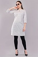 Cotton Printed Kurti, 3/4 Sleeve, White with Geometric Pattern, Mandarin Collar