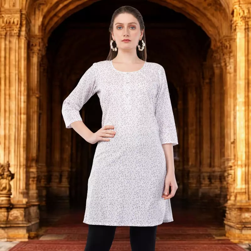 Women's Floral Print Cotton Kurti, 3/4 Sleeve, White with Purple Pattern
