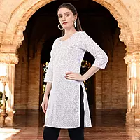 Women's Floral Print Cotton Kurti, 3/4 Sleeve, White with Purple Pattern