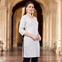 Women's Floral Print Cotton Kurti, 3/4 Sleeve, White with Purple Pattern