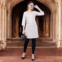 Women's Floral Print Cotton Kurti, 3/4 Sleeve, White with Purple Pattern